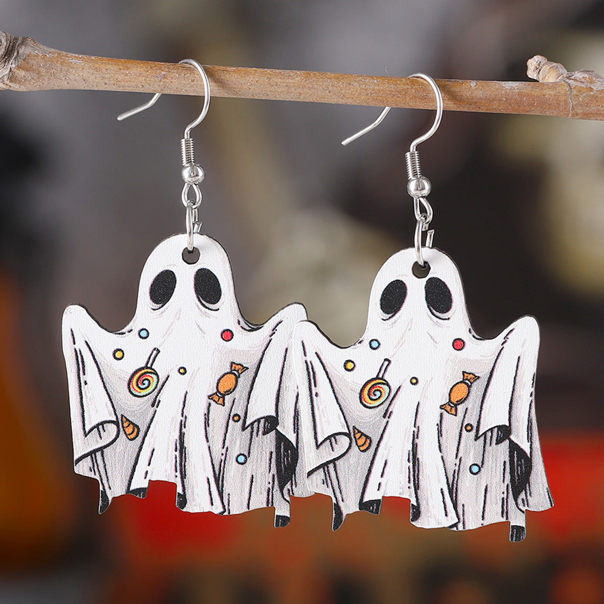 Wholesale Ghost Face Dangle Earrings Wooden Gothic Double Sided Earrings